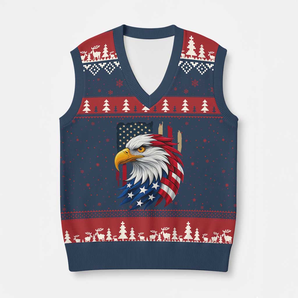 Fierce American Eagle V-Neck Knit Sweater Vest Bold Patriotic 4th of July USA Freedom - Wonder Print Shop