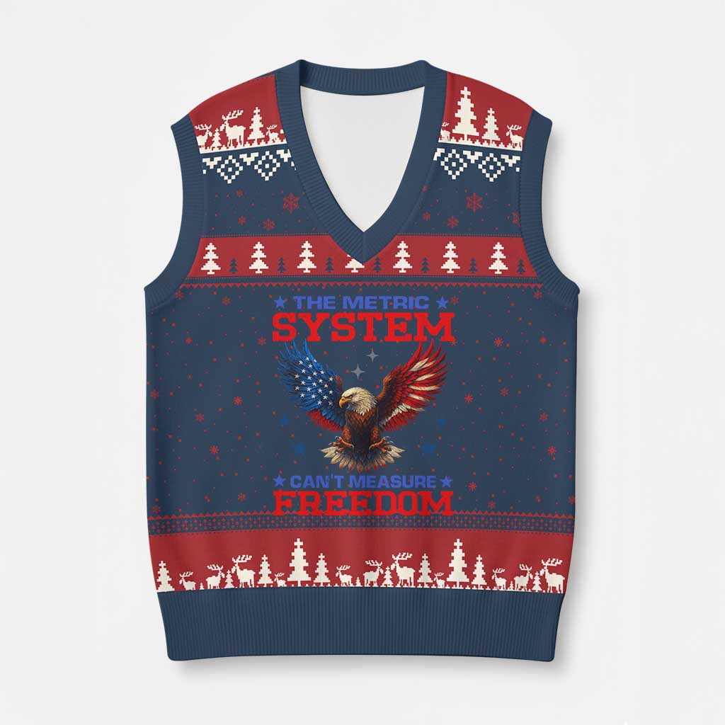 The Metric System Can't Measure Freedom V-Neck Knit Sweater Vest Funny Patriotic Eagle 4th of July USA Flag - Wonder Print Shop