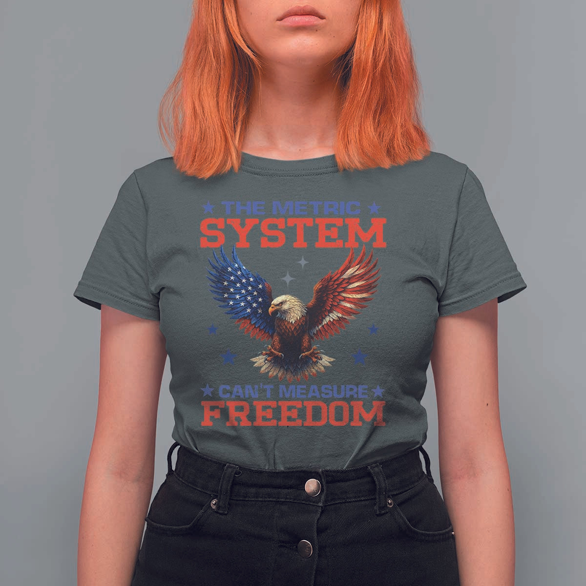 The Metric System Can't Measure Freedom T Shirt For Women Funny Patriotic Eagle 4th of July USA Flag - Wonder Print Shop