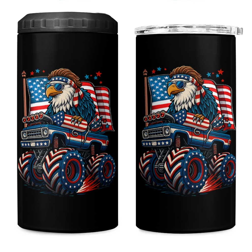 Patriotic Eagle Driving Monster Truck 4 in 1 Can Cooler Tumbler 4th of July USA Flag Freedom - Wonder Print Shop