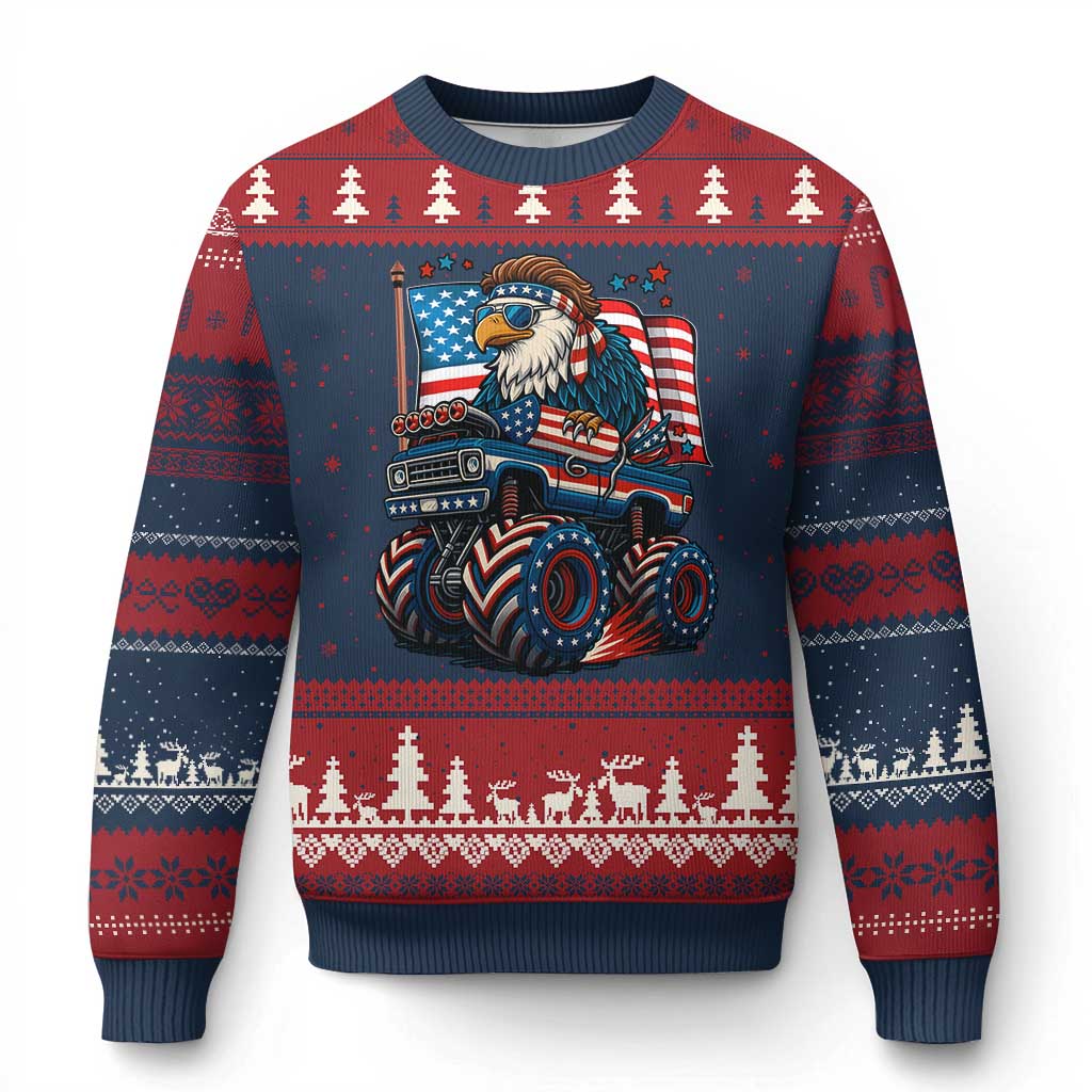 Patriotic Eagle Driving Monster Truck Ugly Christmas Sweater 4th of July USA Flag Freedom - Wonder Print Shop