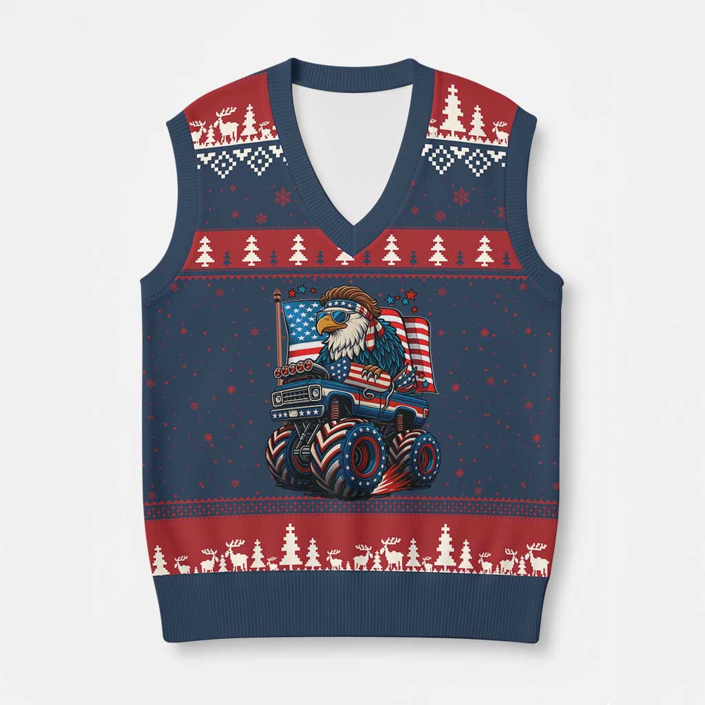 Patriotic Eagle Driving Monster Truck V-Neck Knit Sweater Vest 4th of July USA Flag Freedom - Wonder Print Shop
