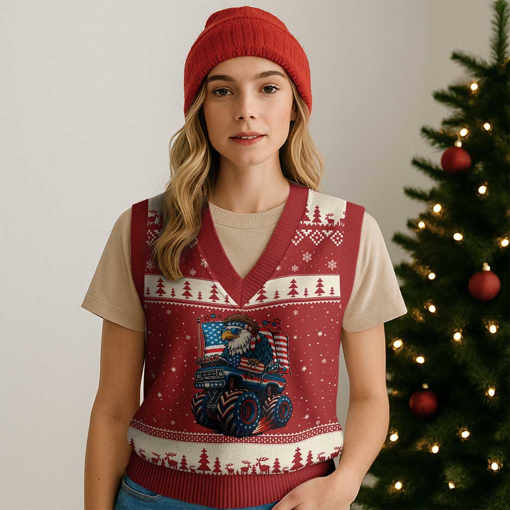 Patriotic Eagle Driving Monster Truck V-Neck Knit Sweater Vest 4th of July USA Flag Freedom - Wonder Print Shop