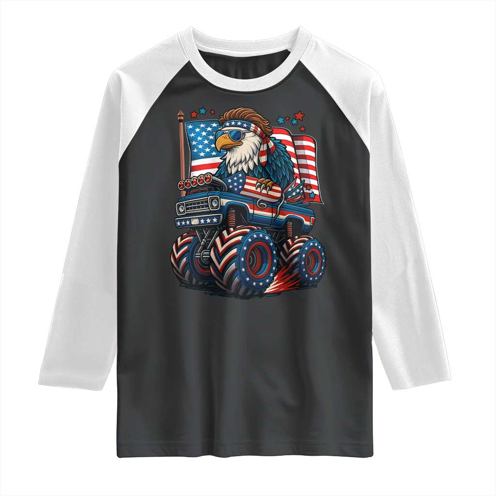 Patriotic Eagle Driving Monster Truck Raglan Shirt 4th of July USA Flag Freedom - Wonder Print Shop