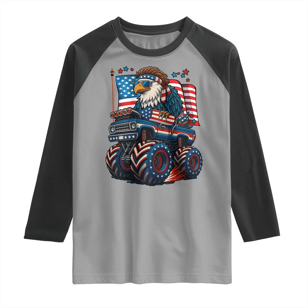Patriotic Eagle Driving Monster Truck Raglan Shirt 4th of July USA Flag Freedom - Wonder Print Shop