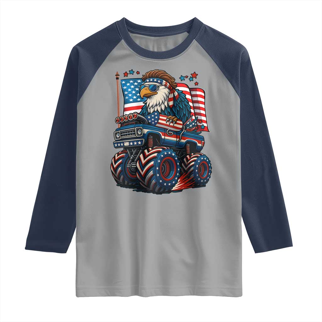 Patriotic Eagle Driving Monster Truck Raglan Shirt 4th of July USA Flag Freedom - Wonder Print Shop