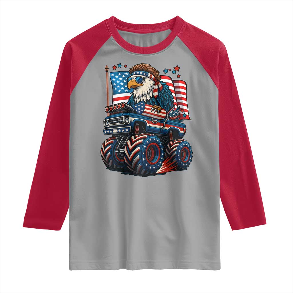 Patriotic Eagle Driving Monster Truck Raglan Shirt 4th of July USA Flag Freedom - Wonder Print Shop