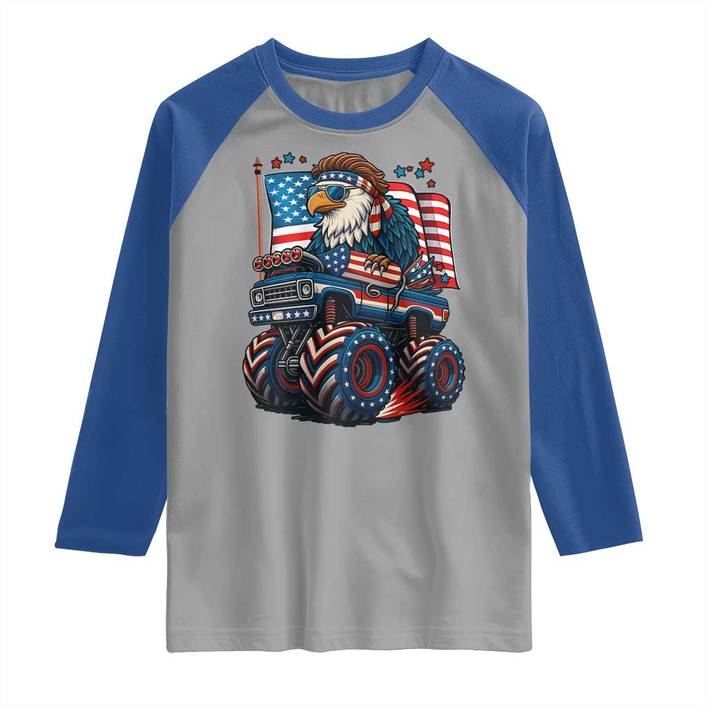 Patriotic Eagle Driving Monster Truck Raglan Shirt 4th of July USA Flag Freedom - Wonder Print Shop