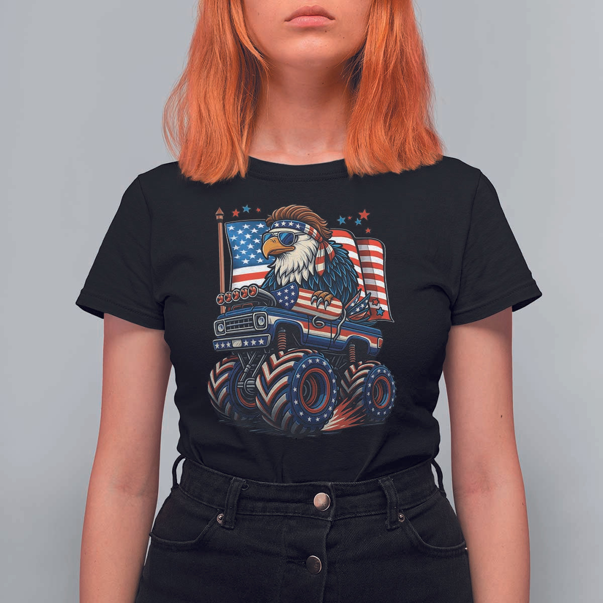 Patriotic Eagle Driving Monster Truck T Shirt For Women 4th of July USA Flag Freedom - Wonder Print Shop