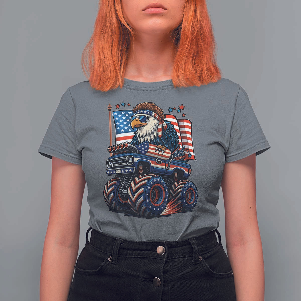 Patriotic Eagle Driving Monster Truck T Shirt For Women 4th of July USA Flag Freedom - Wonder Print Shop
