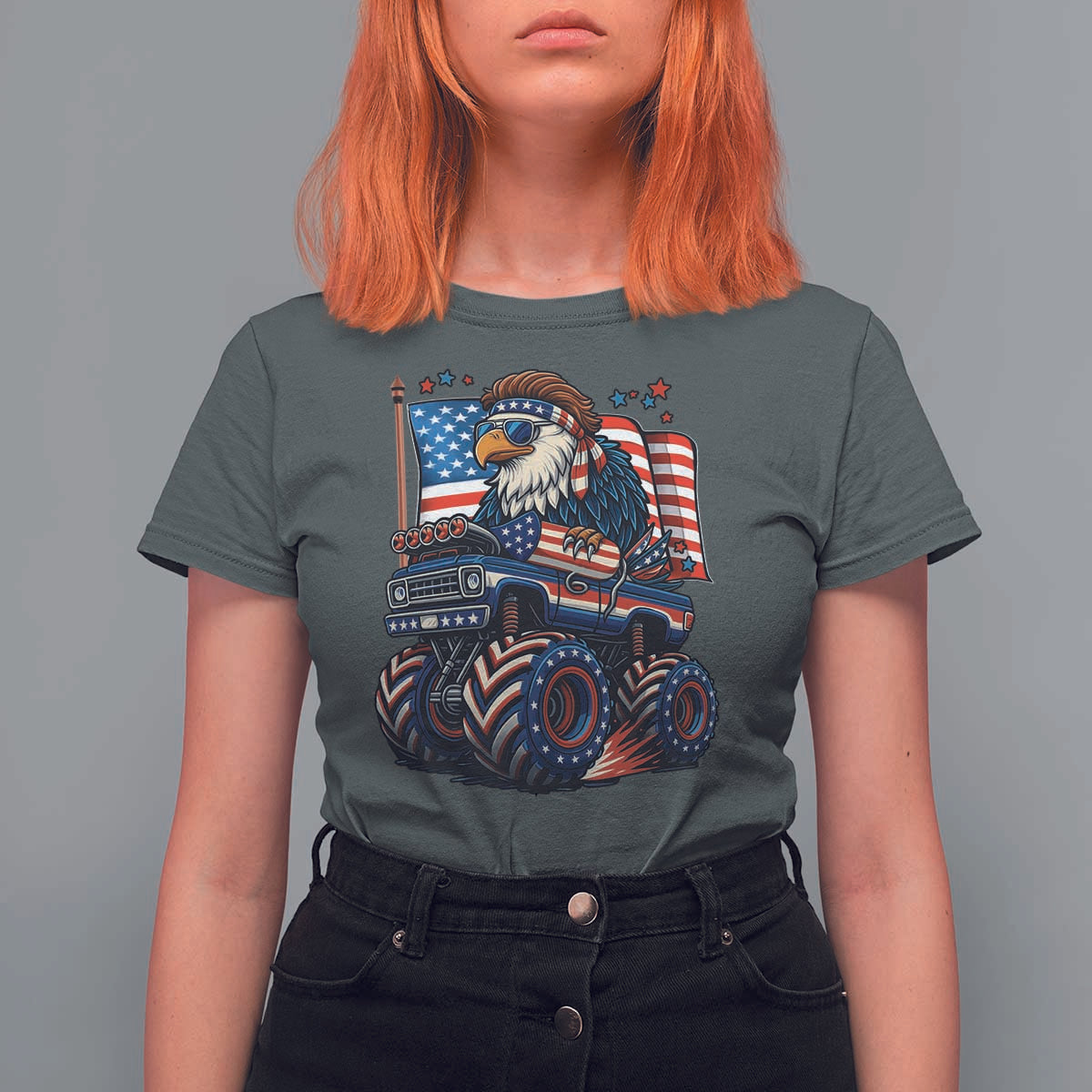 Patriotic Eagle Driving Monster Truck T Shirt For Women 4th of July USA Flag Freedom - Wonder Print Shop