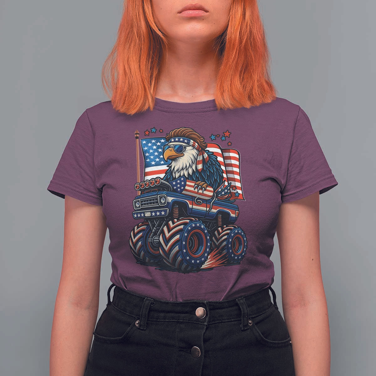 Patriotic Eagle Driving Monster Truck T Shirt For Women 4th of July USA Flag Freedom - Wonder Print Shop
