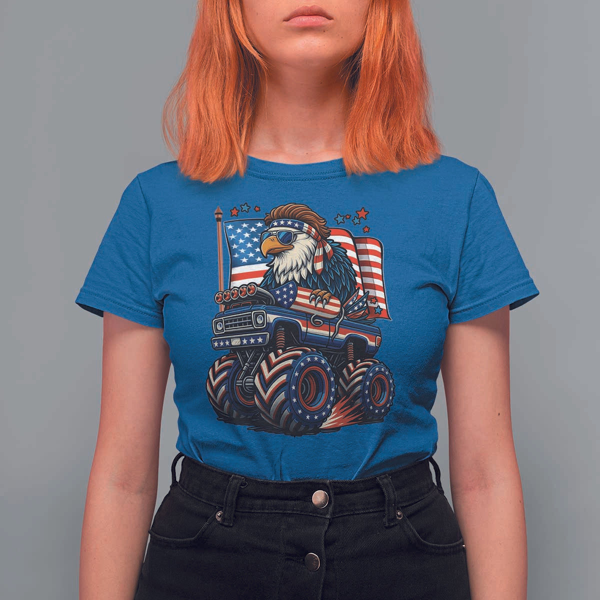 Patriotic Eagle Driving Monster Truck T Shirt For Women 4th of July USA Flag Freedom - Wonder Print Shop