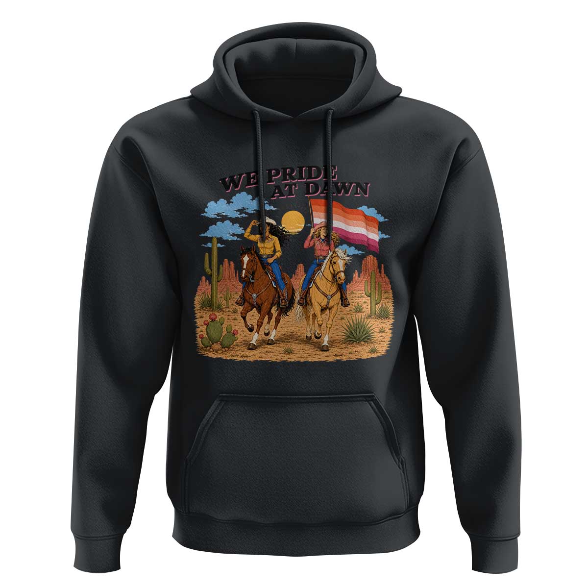 We Pride at Dawn Lesbian Cowgirl Hoodie Country Western Retro Graphic Pride Month