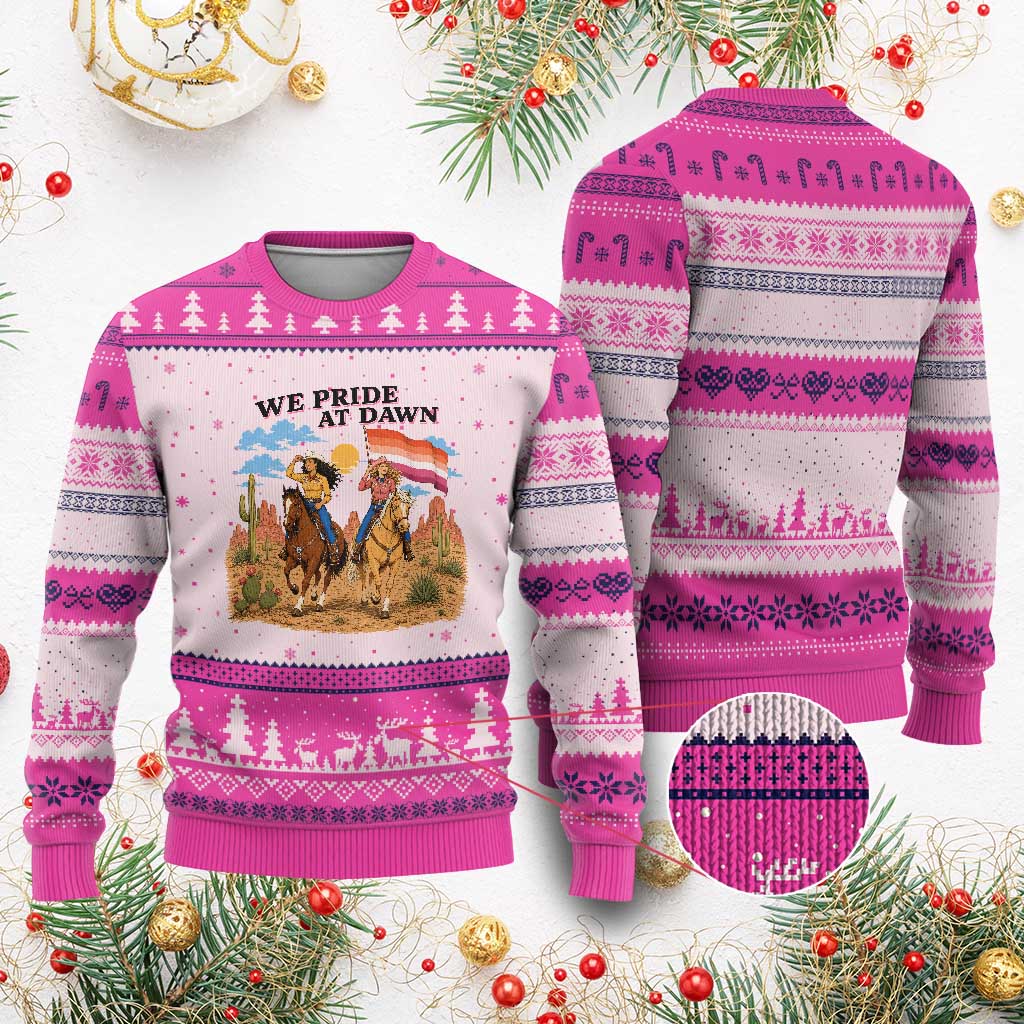 We Pride at Dawn Lesbian Cowgirl Ugly Christmas Sweater Country Western Retro Graphic Pride Month