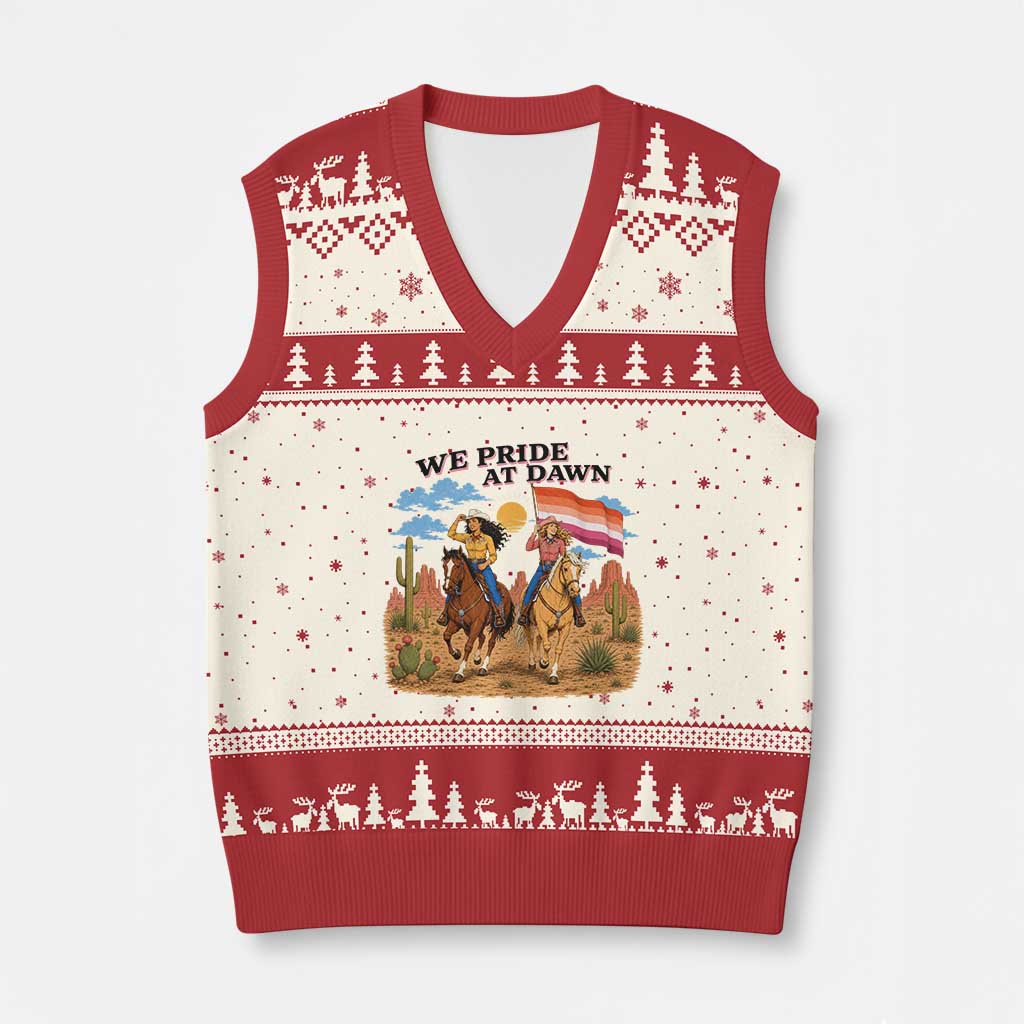 We Pride at Dawn Lesbian Cowgirl V-Neck Knit Sweater Vest Country Western Retro Graphic Pride Month