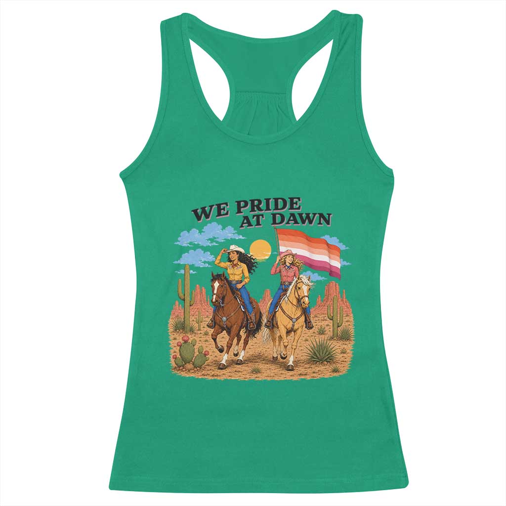 We Pride at Dawn Lesbian Cowgirl Racerback Tank Top Country Western Retro Graphic Pride Month