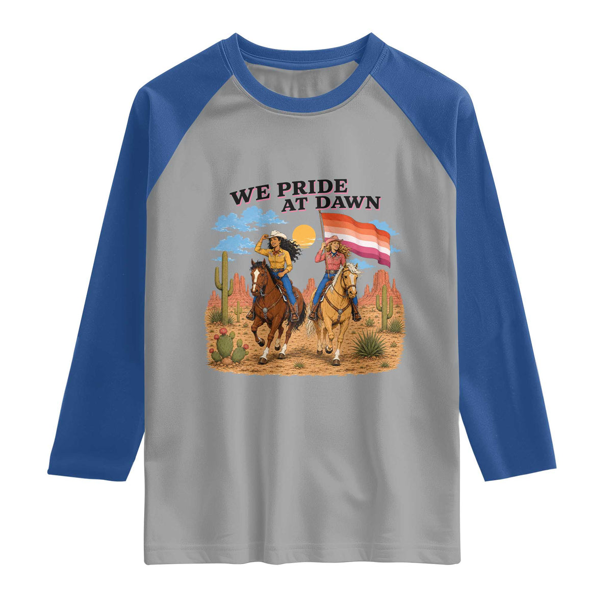 We Pride at Dawn Lesbian Cowgirl Raglan Shirt Country Western Retro Graphic Pride Month