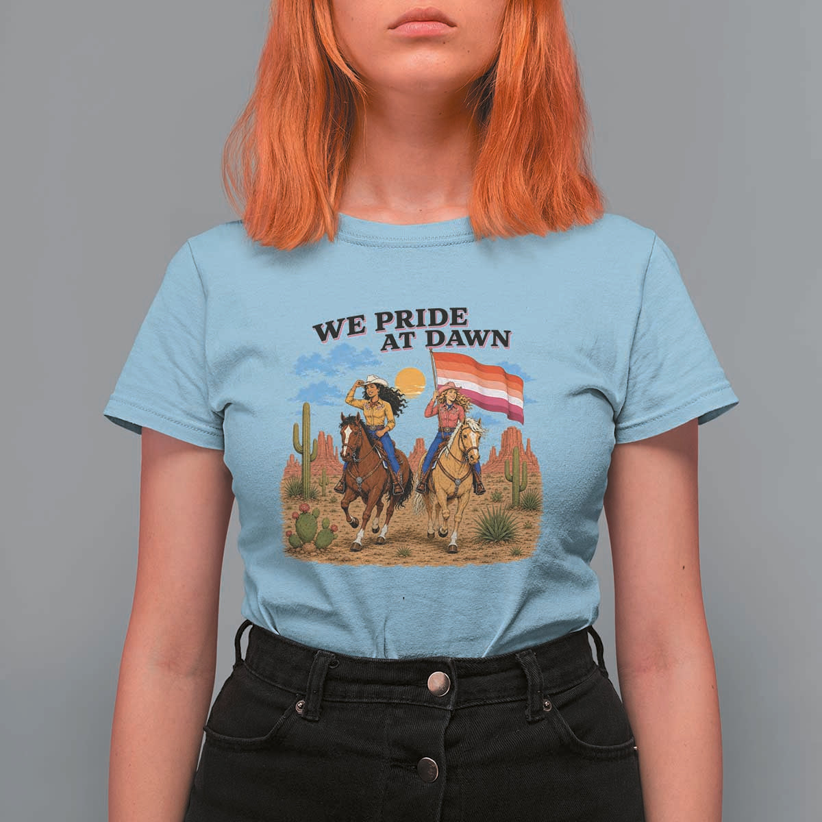 We Pride at Dawn Lesbian Cowgirl T Shirt For Women Country Western Retro Graphic Pride Month