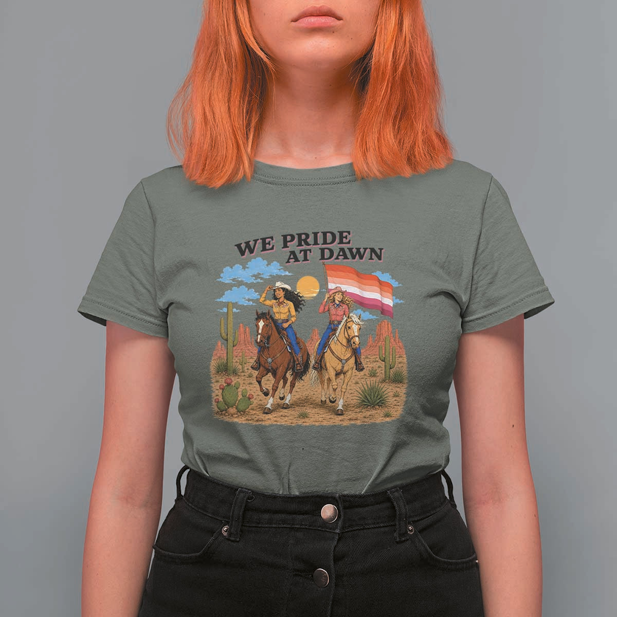 We Pride at Dawn Lesbian Cowgirl T Shirt For Women Country Western Retro Graphic Pride Month