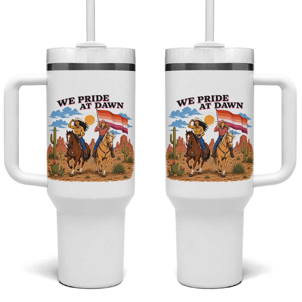 We Pride at Dawn Lesbian Cowgirl Tumbler With Handle Country Western Retro Graphic Pride Month