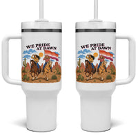 We Pride at Dawn Lesbian Cowgirl Tumbler With Handle Country Western Retro Graphic Pride Month