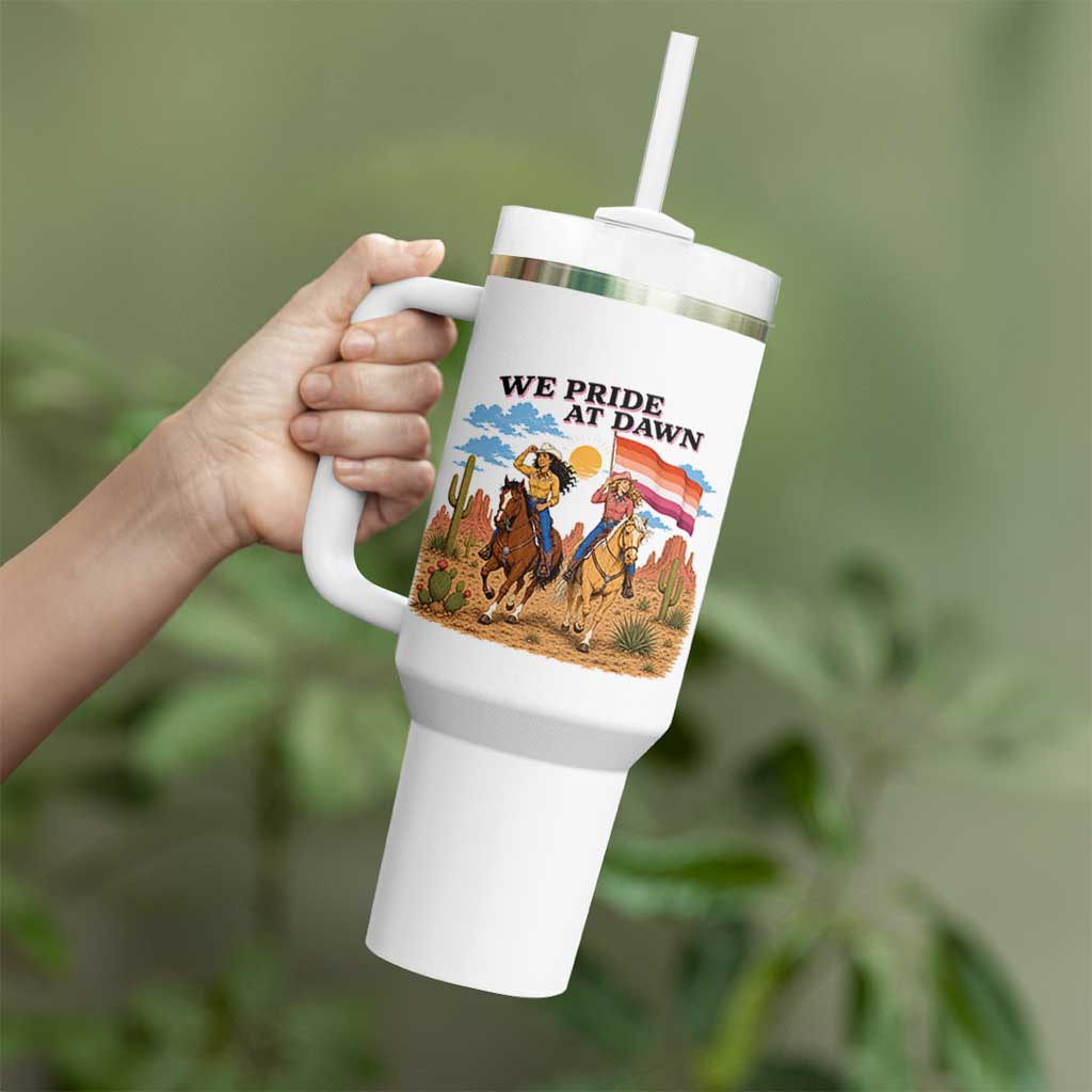 We Pride at Dawn Lesbian Cowgirl Tumbler With Handle Country Western Retro Graphic Pride Month