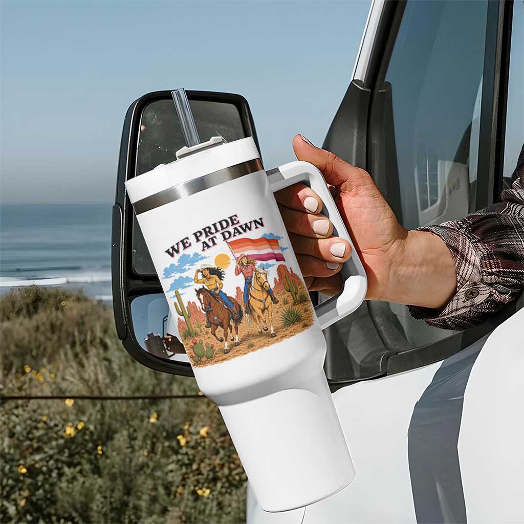 We Pride at Dawn Lesbian Cowgirl Tumbler With Handle Country Western Retro Graphic Pride Month
