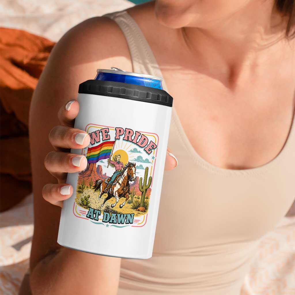 We Pride at Dawn Retro Rainbow Cowgirl 4 in 1 Can Cooler Tumbler Pride Month Country Western Vibes