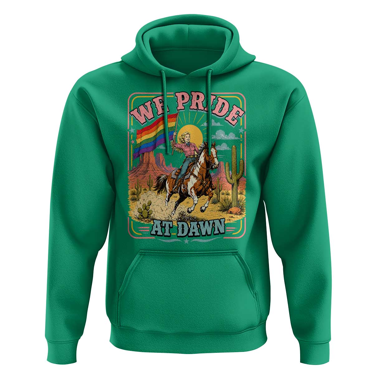 We Pride at Dawn Retro Rainbow Cowgirl Hoodie Pride Month Country Western Vibes