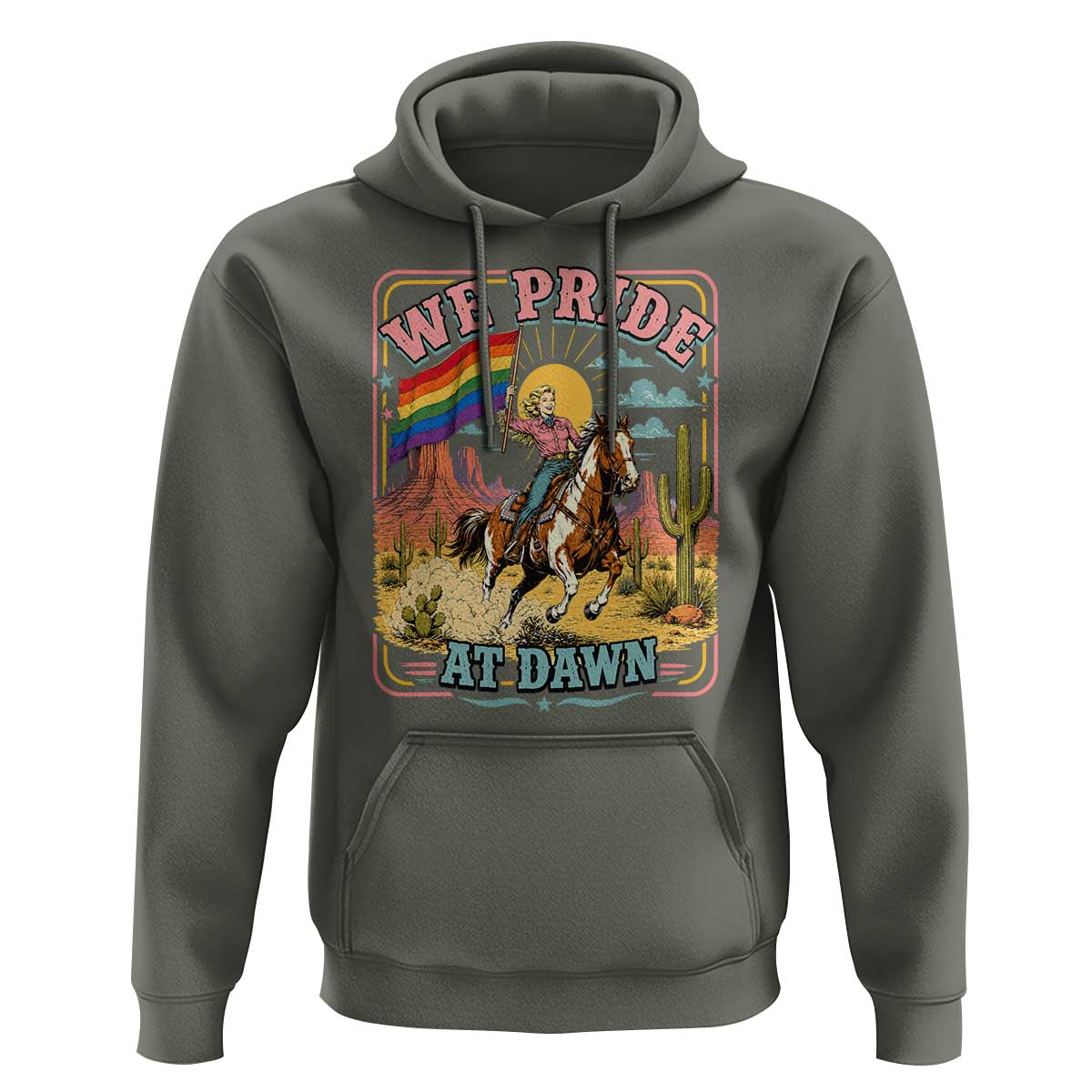 We Pride at Dawn Retro Rainbow Cowgirl Hoodie Pride Month Country Western Vibes
