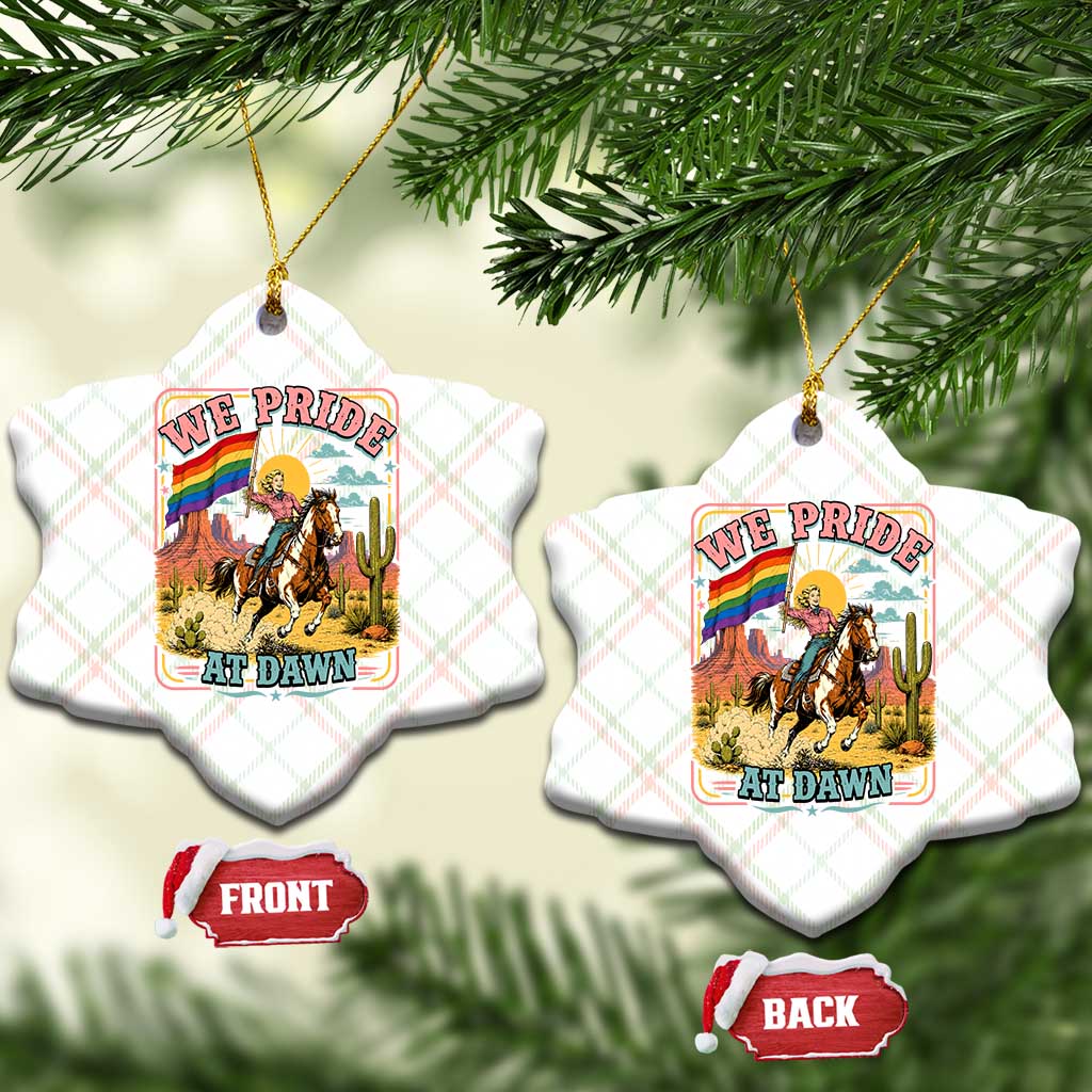We Pride at Dawn Retro Rainbow Cowgirl Ceramic Ornament Pride Month Country Western Vibes