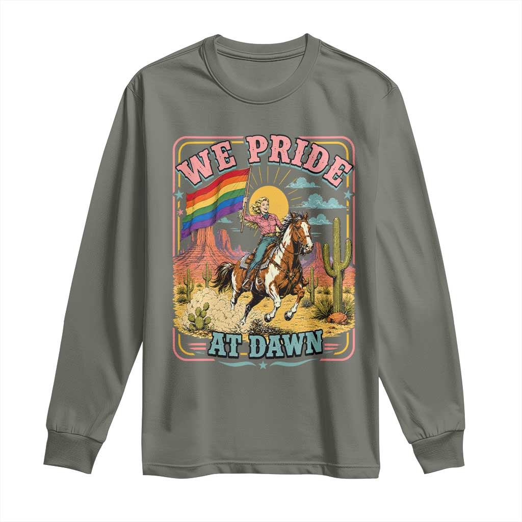 We Pride at Dawn Retro Rainbow Cowgirl Long Sleeve Shirt Pride Month Country Western Vibes