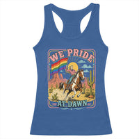 We Pride at Dawn Retro Rainbow Cowgirl Racerback Tank Top Pride Month Country Western Vibes