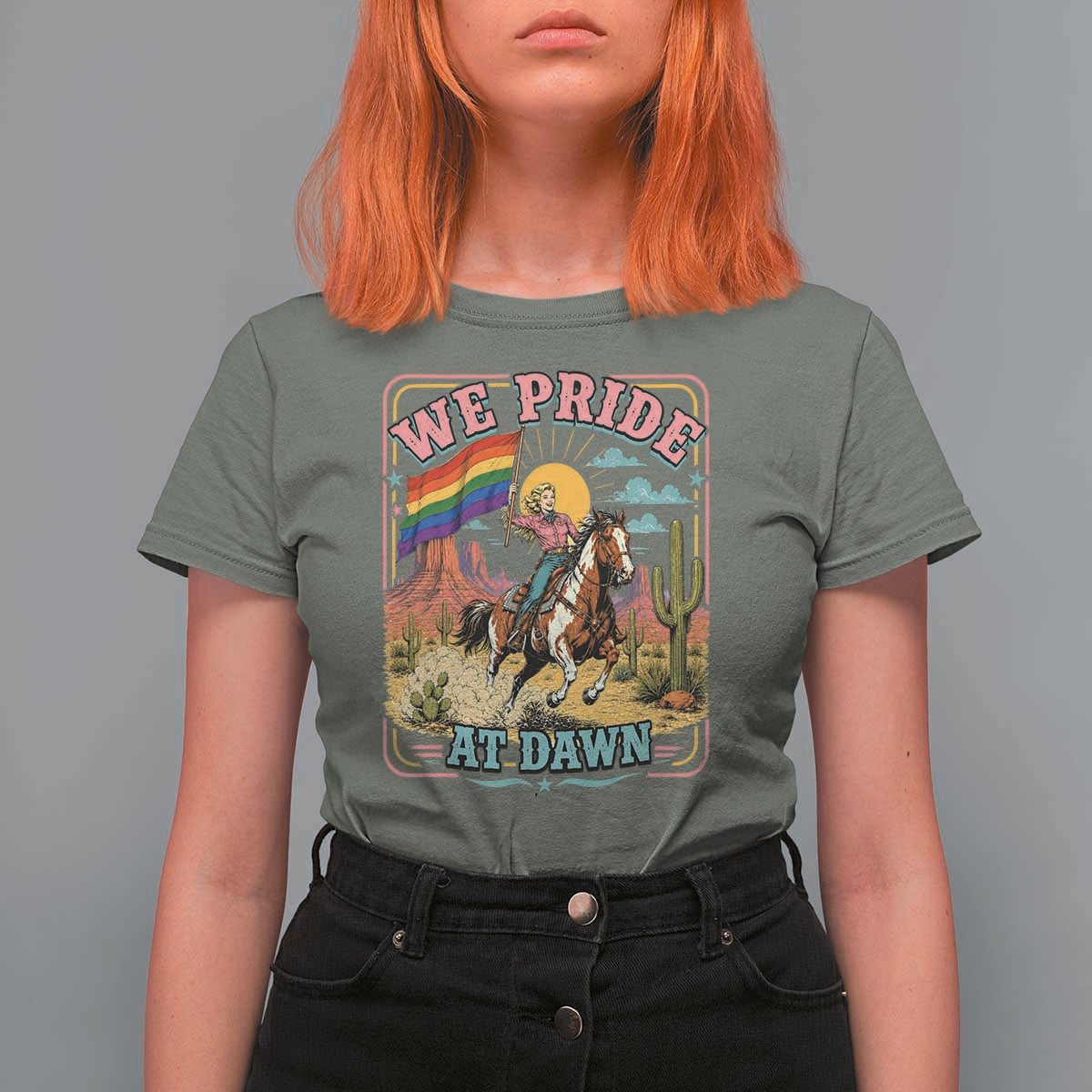 We Pride at Dawn Retro Rainbow Cowgirl T Shirt For Women Pride Month Country Western Vibes