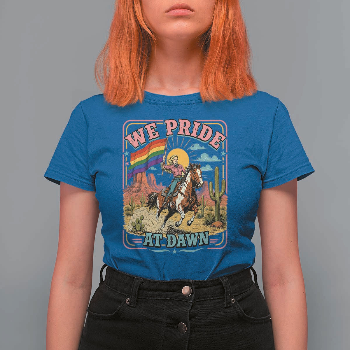 We Pride at Dawn Retro Rainbow Cowgirl T Shirt For Women Pride Month Country Western Vibes