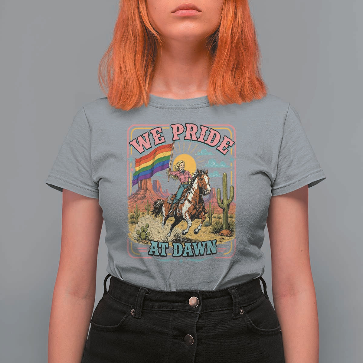 We Pride at Dawn Retro Rainbow Cowgirl T Shirt For Women Pride Month Country Western Vibes
