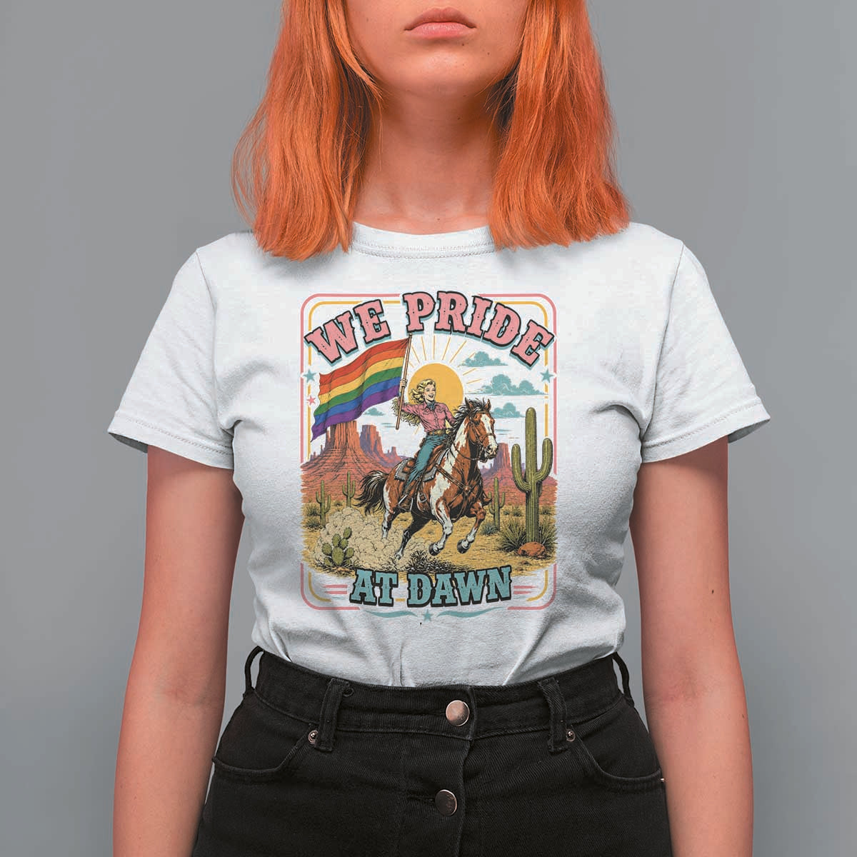 We Pride at Dawn Retro Rainbow Cowgirl T Shirt For Women Pride Month Country Western Vibes