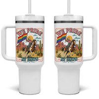 We Pride at Dawn Retro Rainbow Cowgirl Tumbler With Handle Pride Month Country Western Vibes
