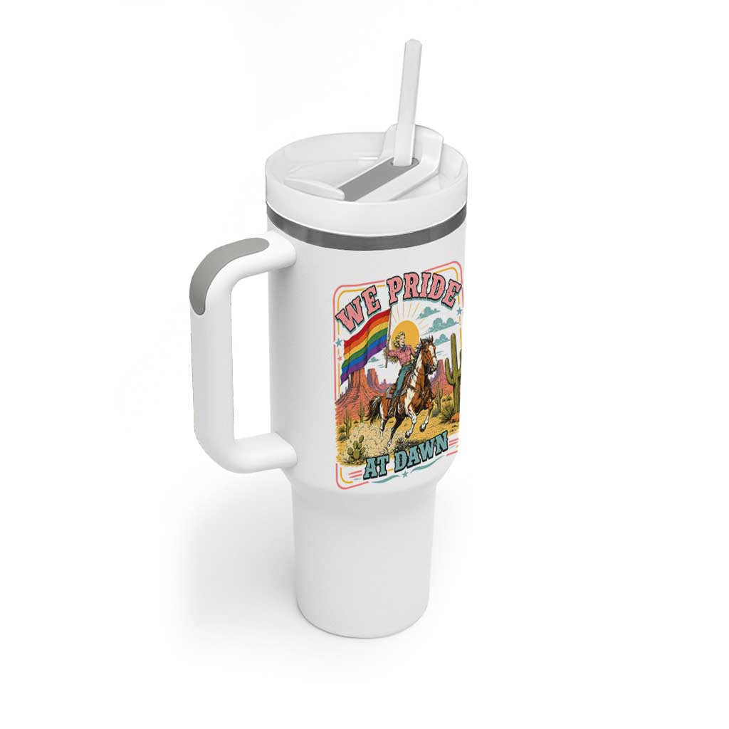 We Pride at Dawn Retro Rainbow Cowgirl Tumbler With Handle Pride Month Country Western Vibes