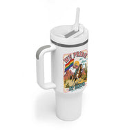 We Pride at Dawn Retro Rainbow Cowgirl Tumbler With Handle Pride Month Country Western Vibes