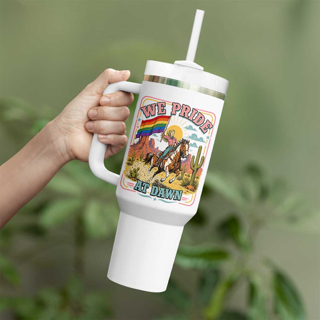 We Pride at Dawn Retro Rainbow Cowgirl Tumbler With Handle Pride Month Country Western Vibes