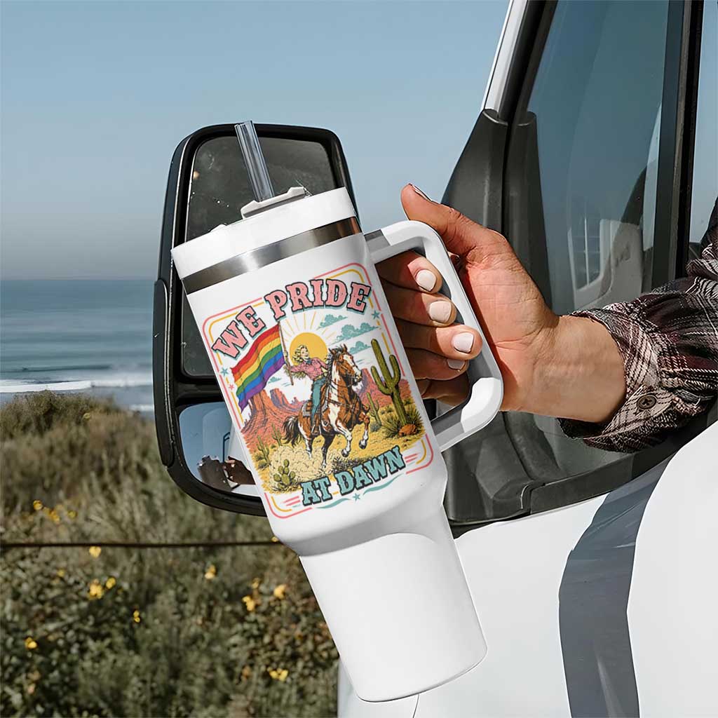 We Pride at Dawn Retro Rainbow Cowgirl Tumbler With Handle Pride Month Country Western Vibes