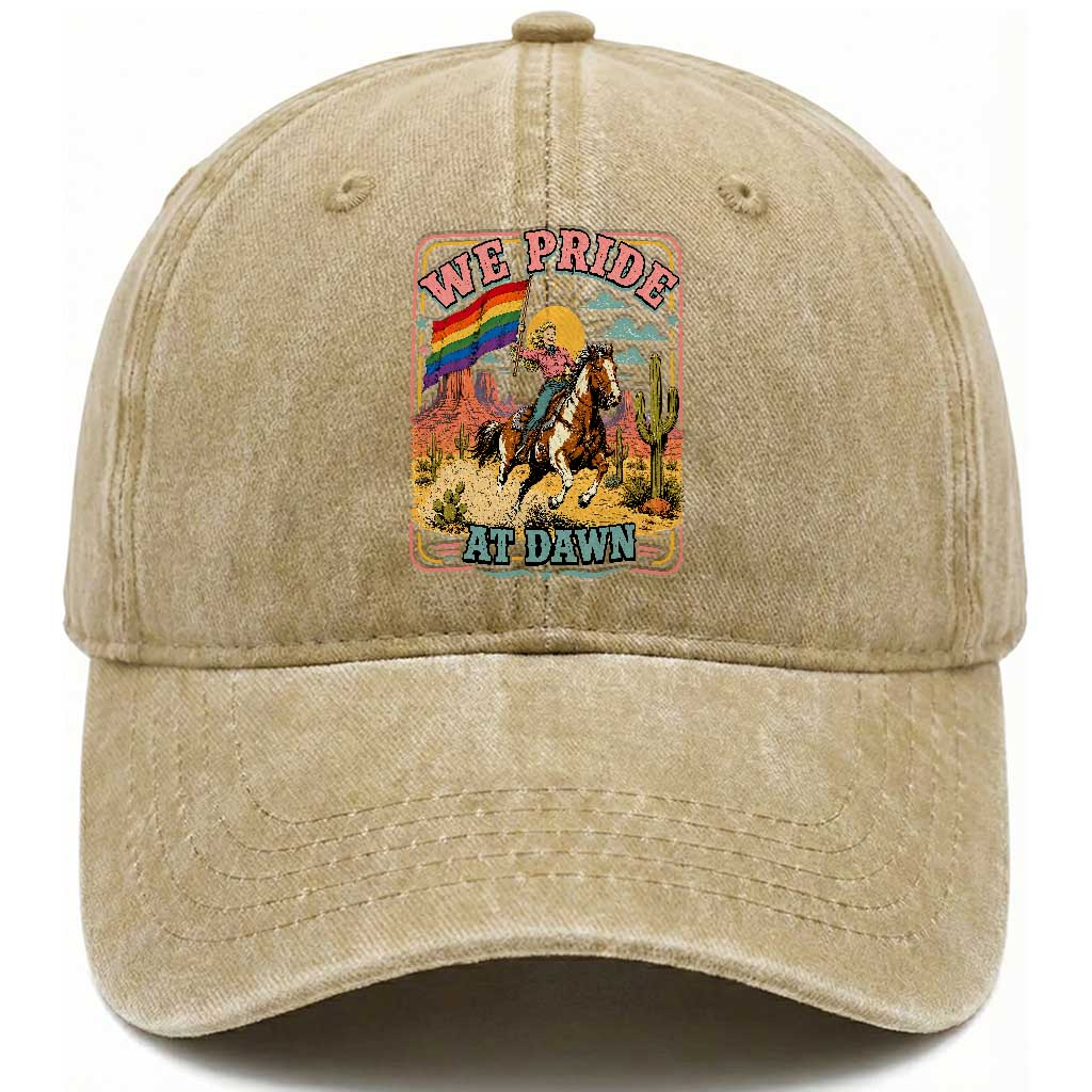 We Pride at Dawn Retro Rainbow Cowgirl Washed Cotton Baseball Cap Pride Month Country Western Vibes
