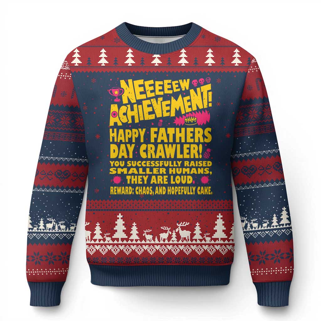 New Achievement Happy Fathers Day Crawler Ugly Christmas Sweater Funny Gamer Dad LitRPG Gaming Milestone