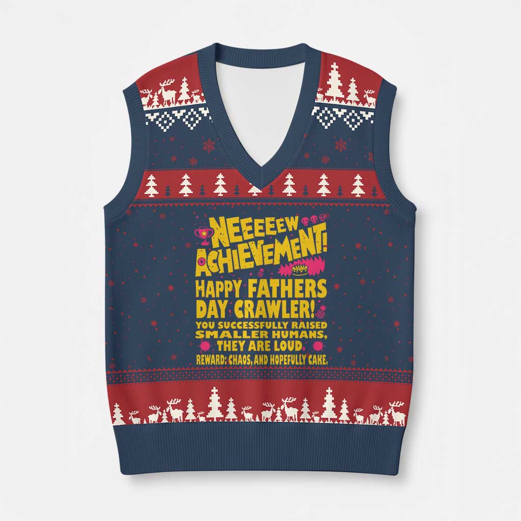 New Achievement Happy Fathers Day Crawler V-Neck Knit Sweater Vest Funny Gamer Dad LitRPG Gaming Milestone