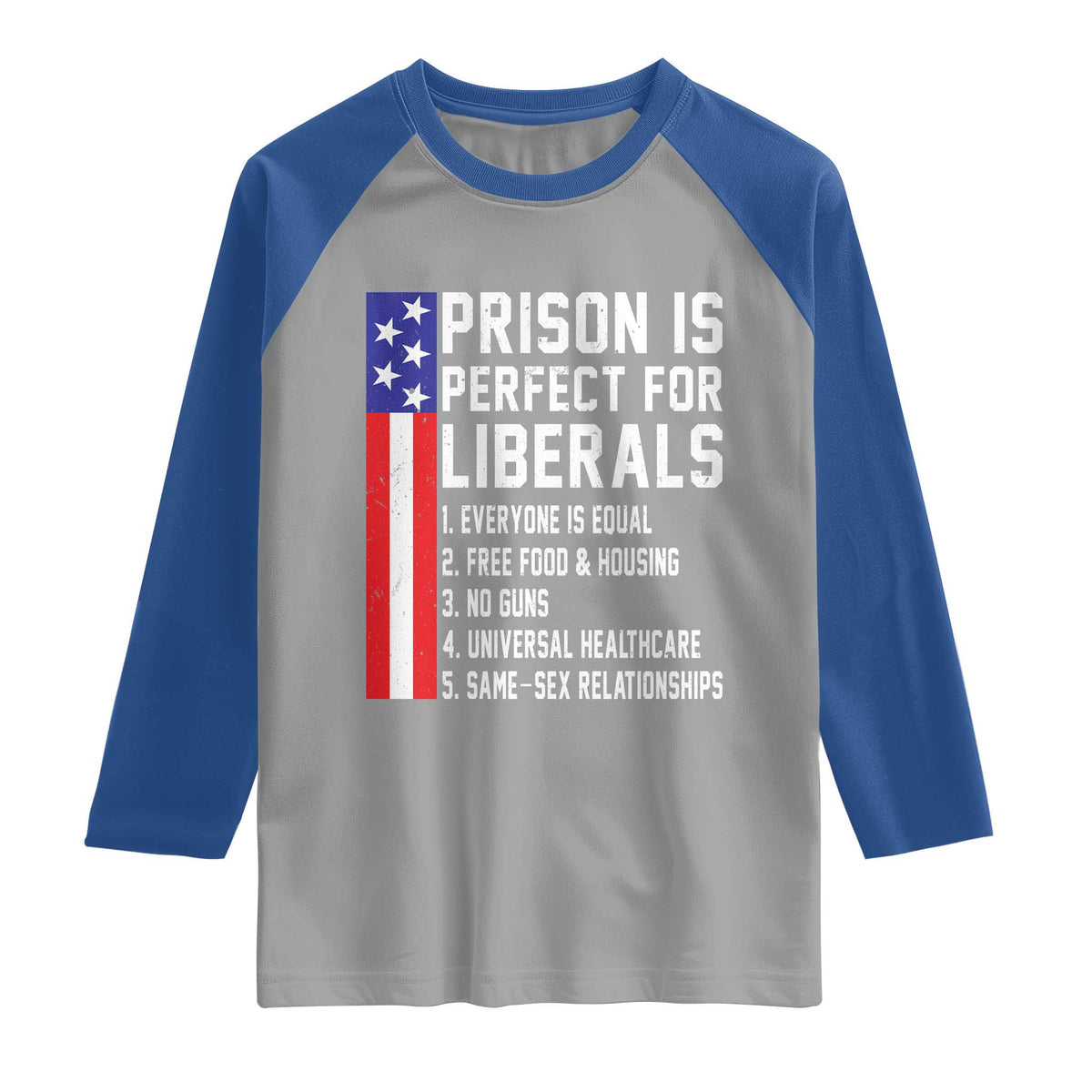 Prison Is Perfect For Liberals Raglan Shirt Distressed American Flag Conservative Humor