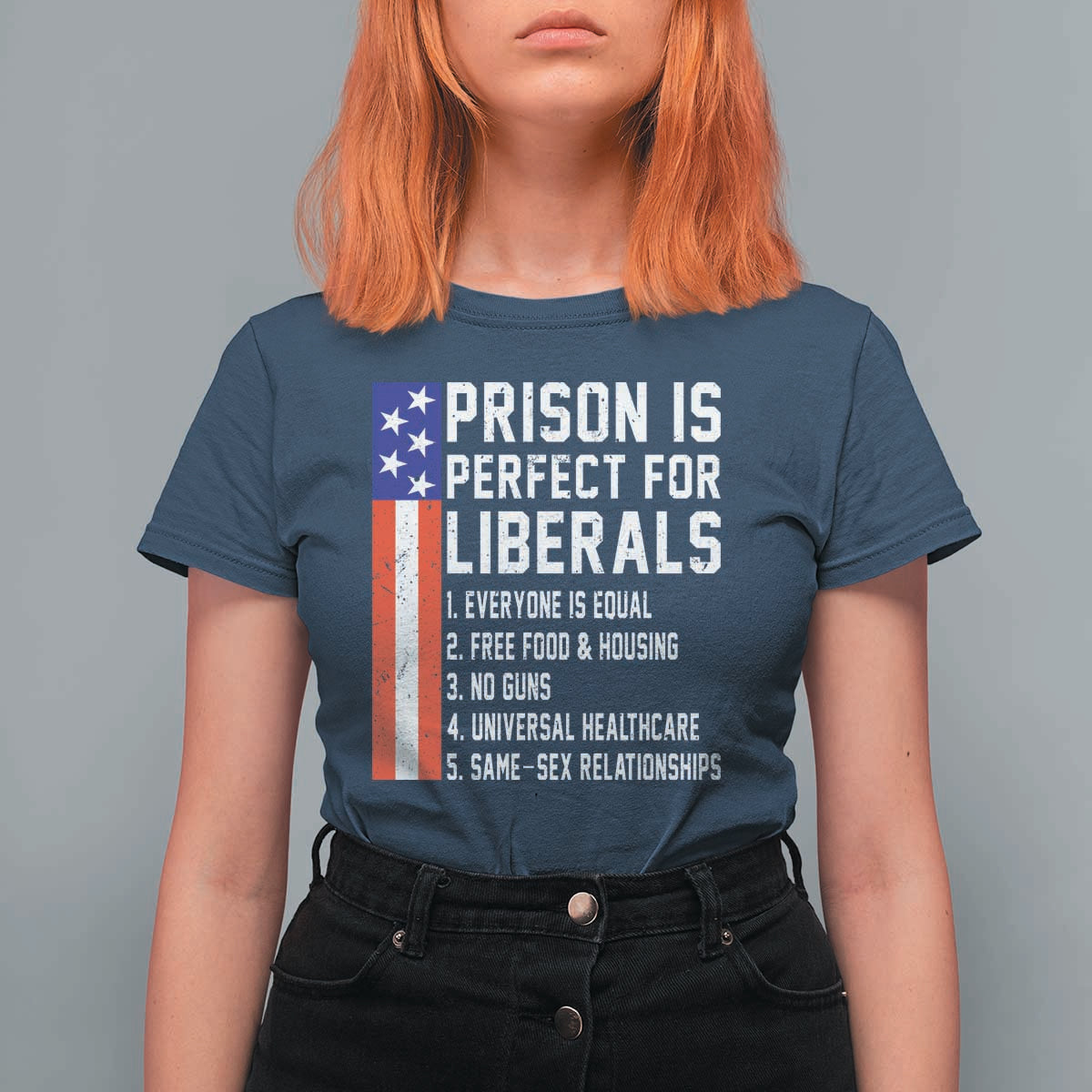 Prison Is Perfect For Liberals T Shirt For Women Distressed American Flag Conservative Humor
