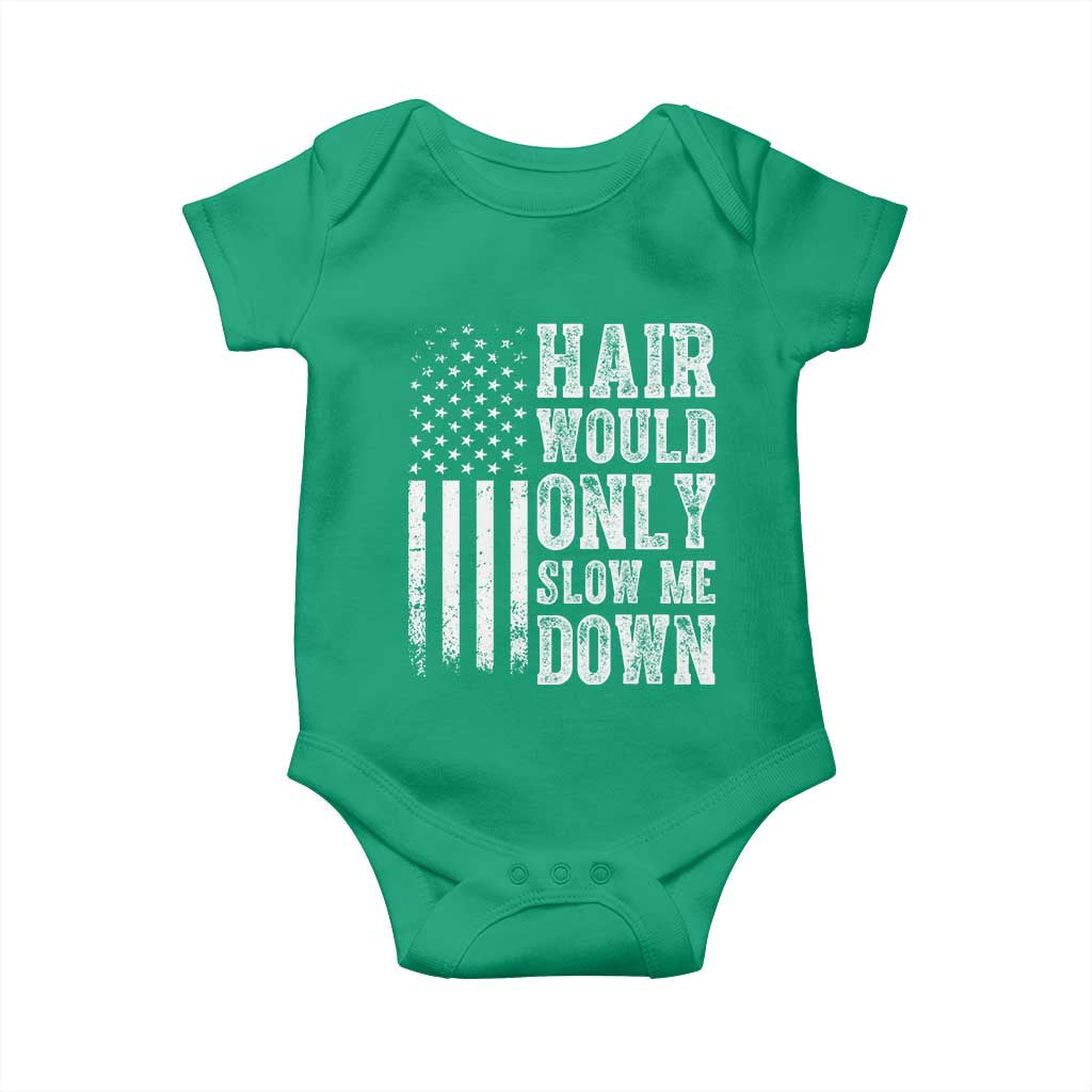 Funny Bald Pride Hair Would Only Slow Me Down Baby Onesie Distressed Patriotic US Flag Bald Men Joke