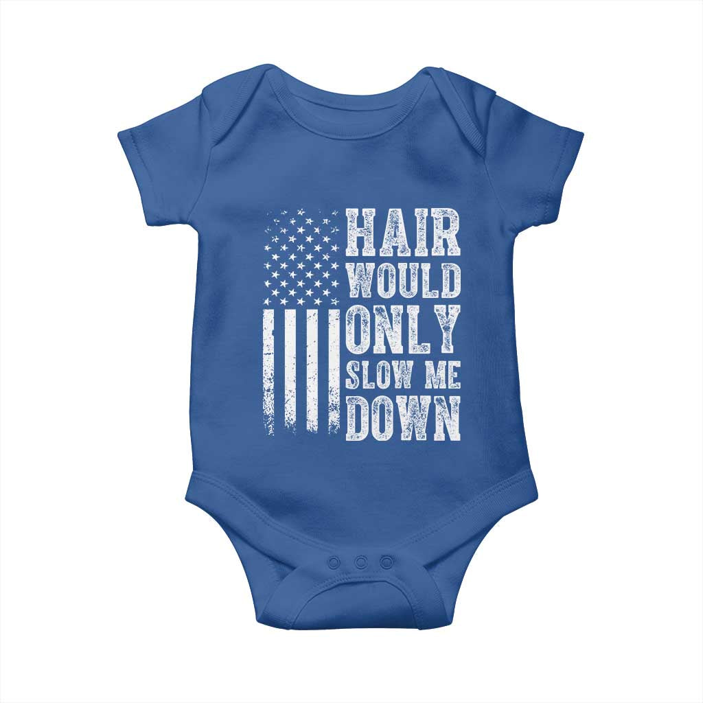Funny Bald Pride Hair Would Only Slow Me Down Baby Onesie Distressed Patriotic US Flag Bald Men Joke